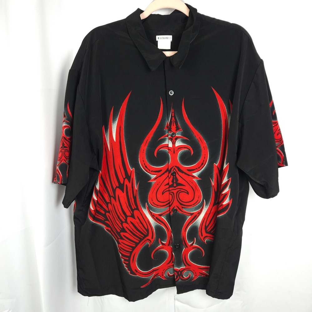 VTG‎ No Boundaries Black Red Flame Bird Bowling Shirt Men's XL